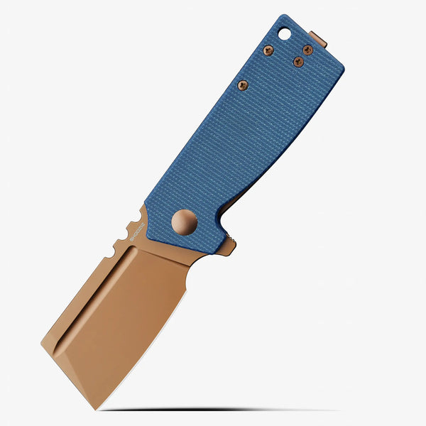 SHOOZIZ HAN307-LMRG folding knife, rose gold PVD 14C28N steel blade, blue Micarta handle.
