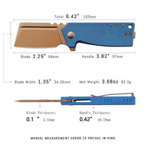 SHOOZIZ HAN307-LMRG EDC knife dimensions, 6.42" total length, 2.29" blade, 3.82" handle, 93.3g weight.