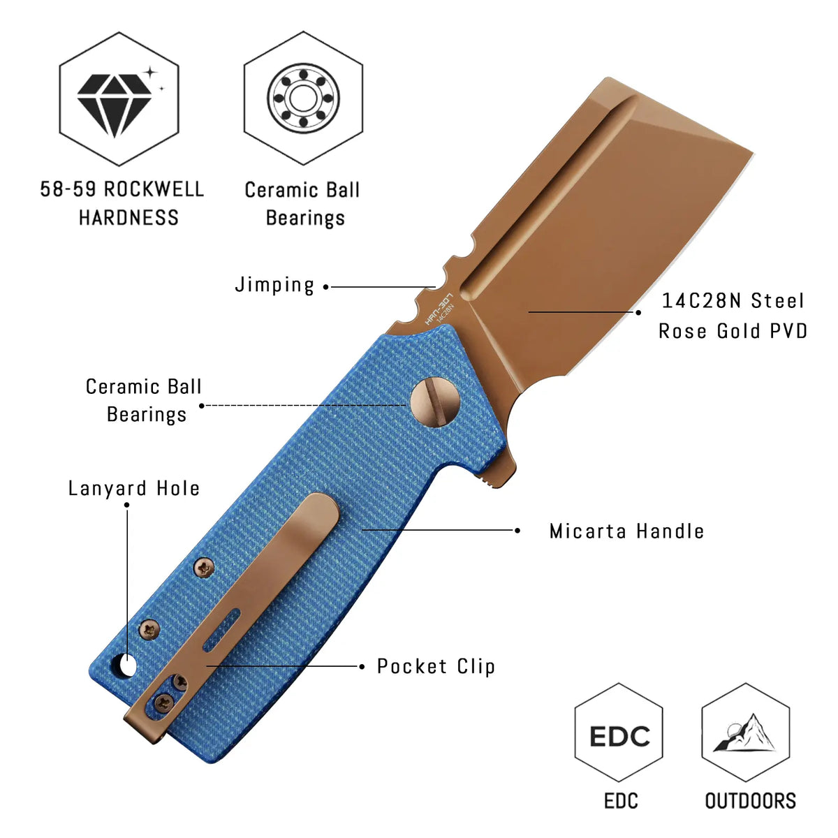 SHOOZIZ HAN307-LMRG EDC Folding Knife | Rose Gold PVD & Blue