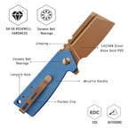 SHOOZIZ HAN307-LMRG design features: 14C28N rose gold PVD blade, ceramic ball bearings, blue Micarta handle, pocket clip, 58-59 HRC hardness.