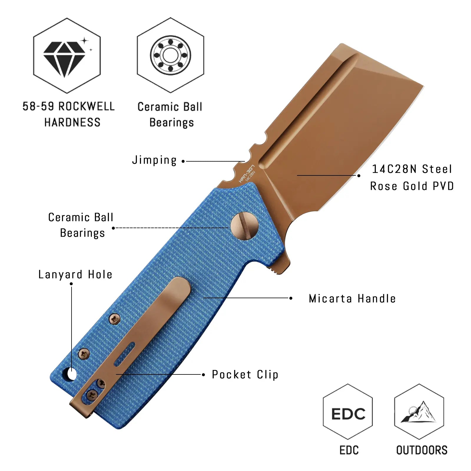 SHOOZIZ HAN307-LMRG design features: 14C28N rose gold PVD blade, ceramic ball bearings, blue Micarta handle, pocket clip, 58-59 HRC hardness.