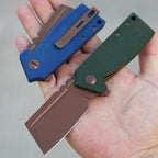SHOOZIZ HAN307 Micarta handle models comparison in hand, featuring blue and green Micarta variations with rose gold PVD 14C28N blades.