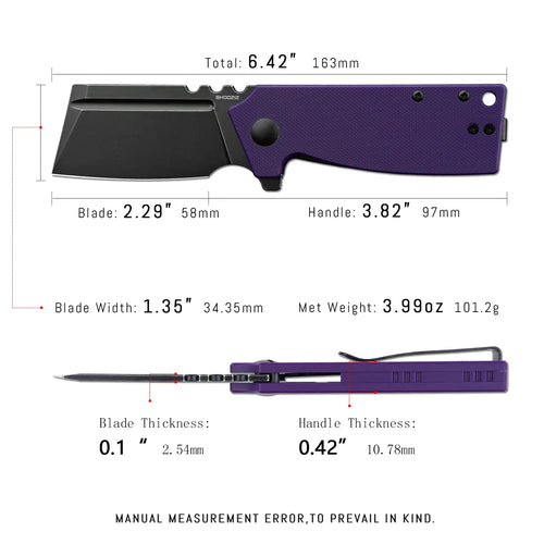SHOOZIZ HAN307-PGB EDC knife dimensions, 6.42" total length, 2.29" blade, 3.82" handle, 101.2g weight.