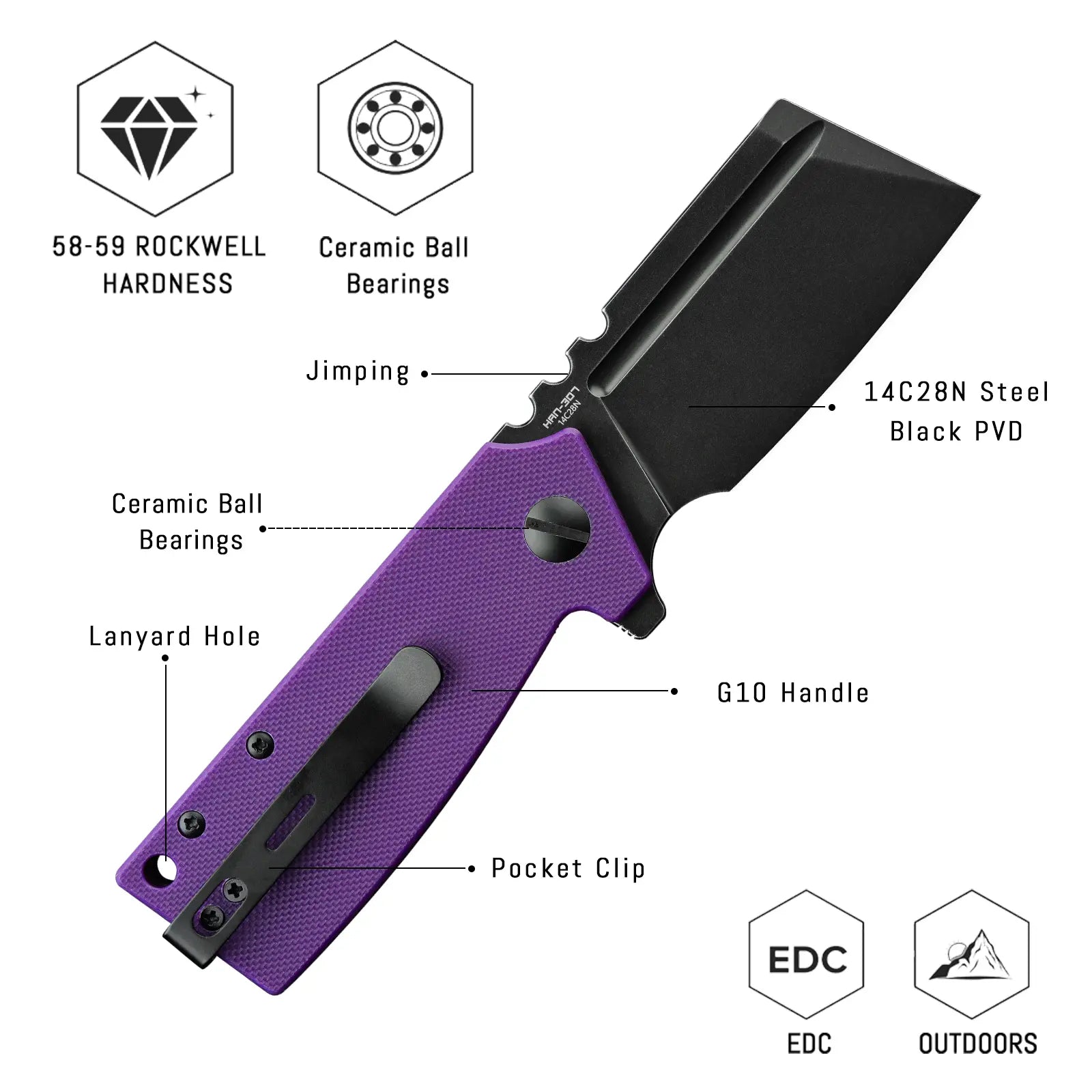 SHOOZIZ HAN307-PGB design features: 14C28N black PVD blade, ceramic ball bearings, purple G10 handle, pocket clip, 58-59 HRC hardness.