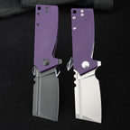 SHOOZIZ HAN307-PGB and HAN307-PGS folding knives open, comparing black PVD and satin D2 steel blades with purple G10 handles, black background.