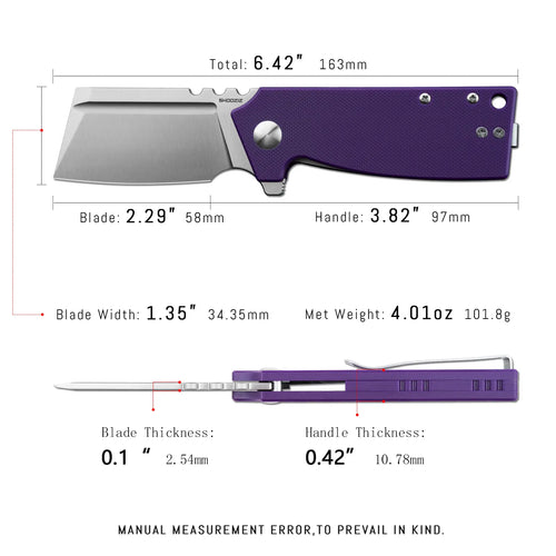 SHOOZIZ HAN307-PGS EDC knife dimensions, 6.42" total length, 2.29" blade, 3.82" handle, 101.8g weight.
