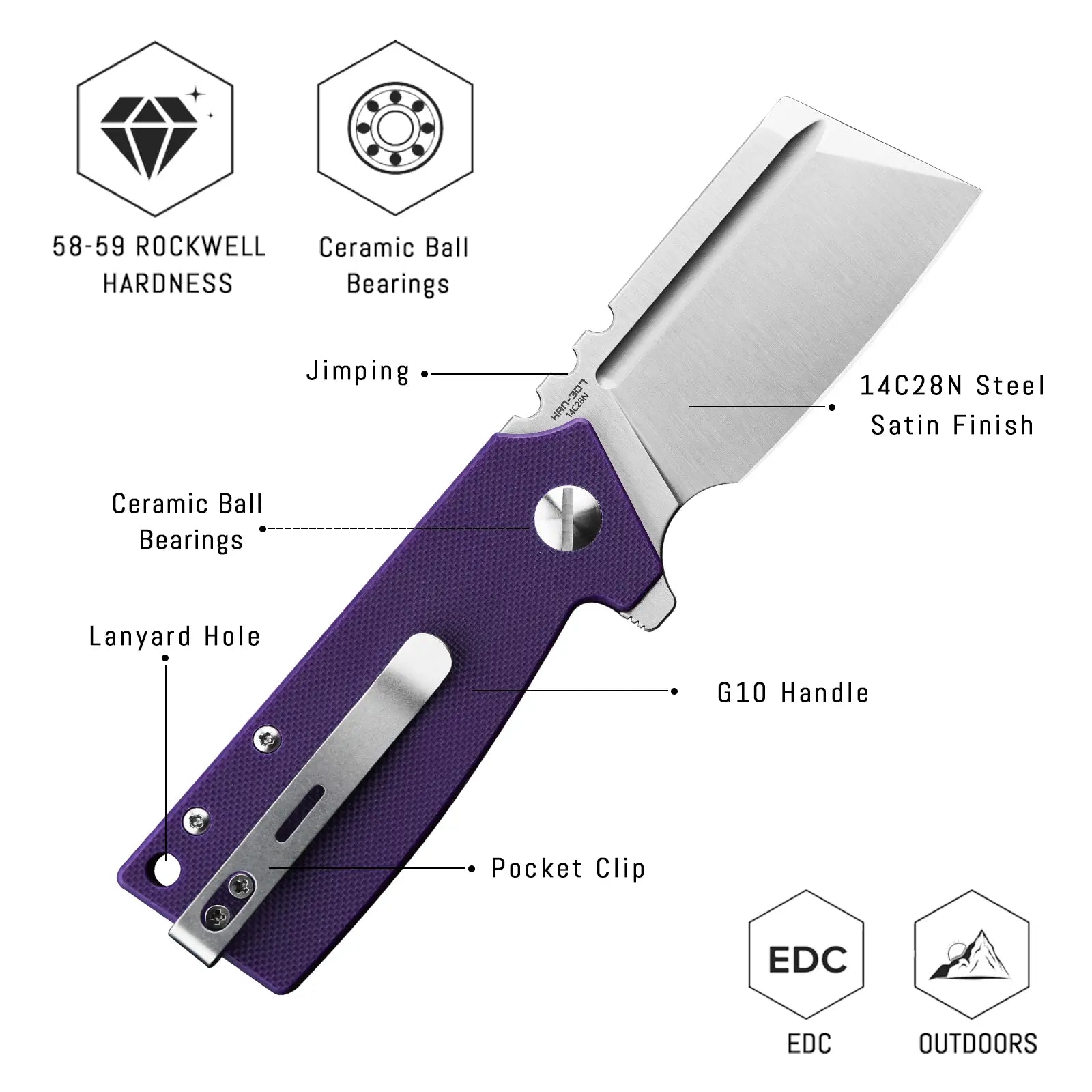 SHOOZIZ HAN307-PGS design features: 14C28N satin blade, ceramic ball bearings, purple G10 handle, pocket clip, 58-59 HRC hardness.