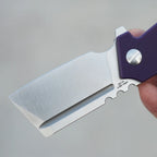 SHOOZIZ HAN307-PGS close-up view, showing 14C28N steel satin finish, purple G10 handle, ceramic bearings, liner lock.