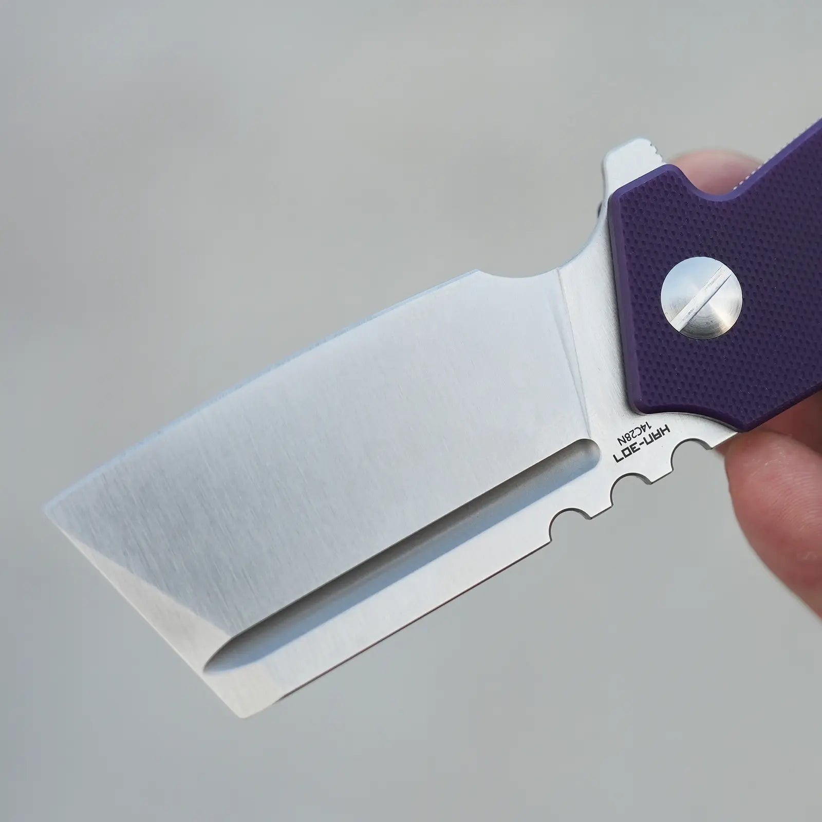 SHOOZIZ HAN307-PGS close-up view, showing 14C28N steel satin finish, purple G10 handle, ceramic bearings, liner lock.