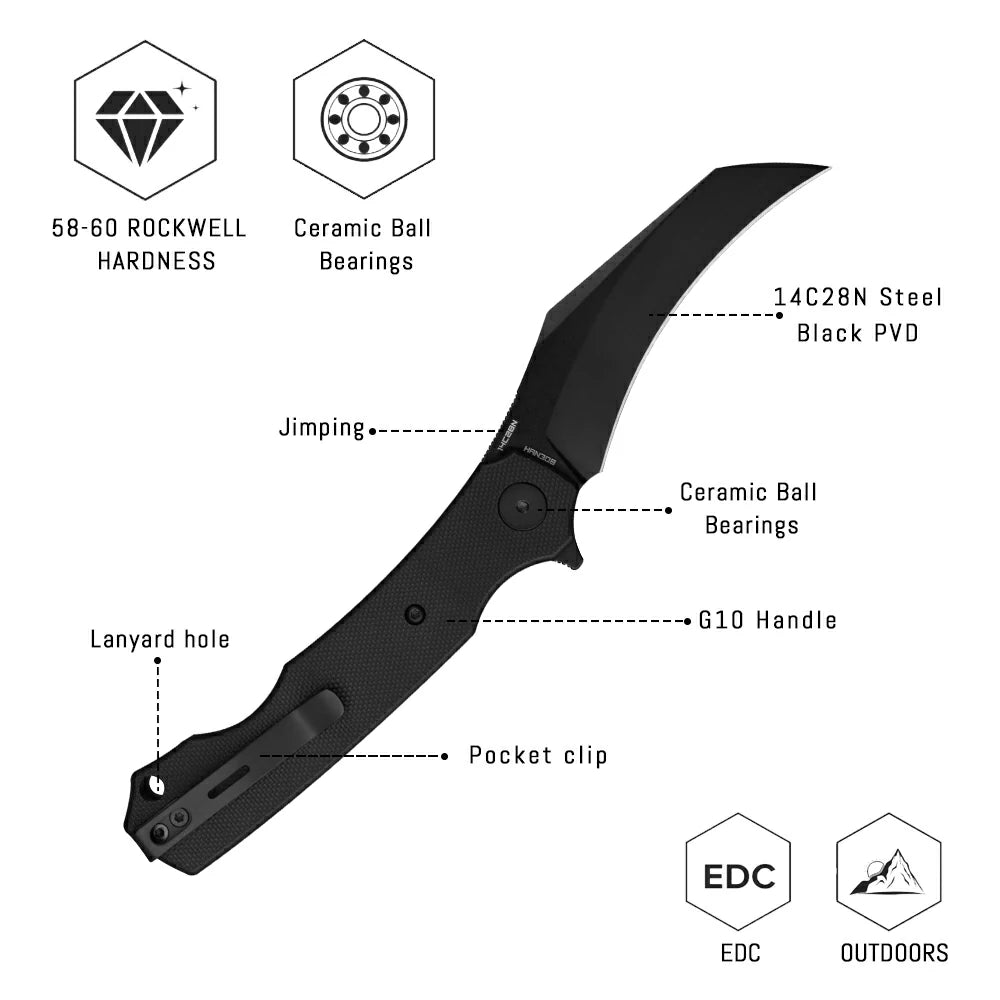 SHOOZIZ HAN308-BGB liner lock folder, 14C28N steel black PVD, black G10, ceramic bearing, 4.53 inch closed