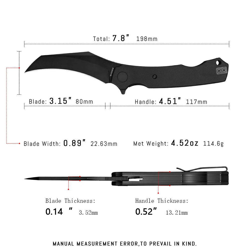 SHOOZIZ HAN308-BGB tactical pocket knife, black PVD 14C28N blade, black G10 handle, 7.72 inch overall, everyday carry