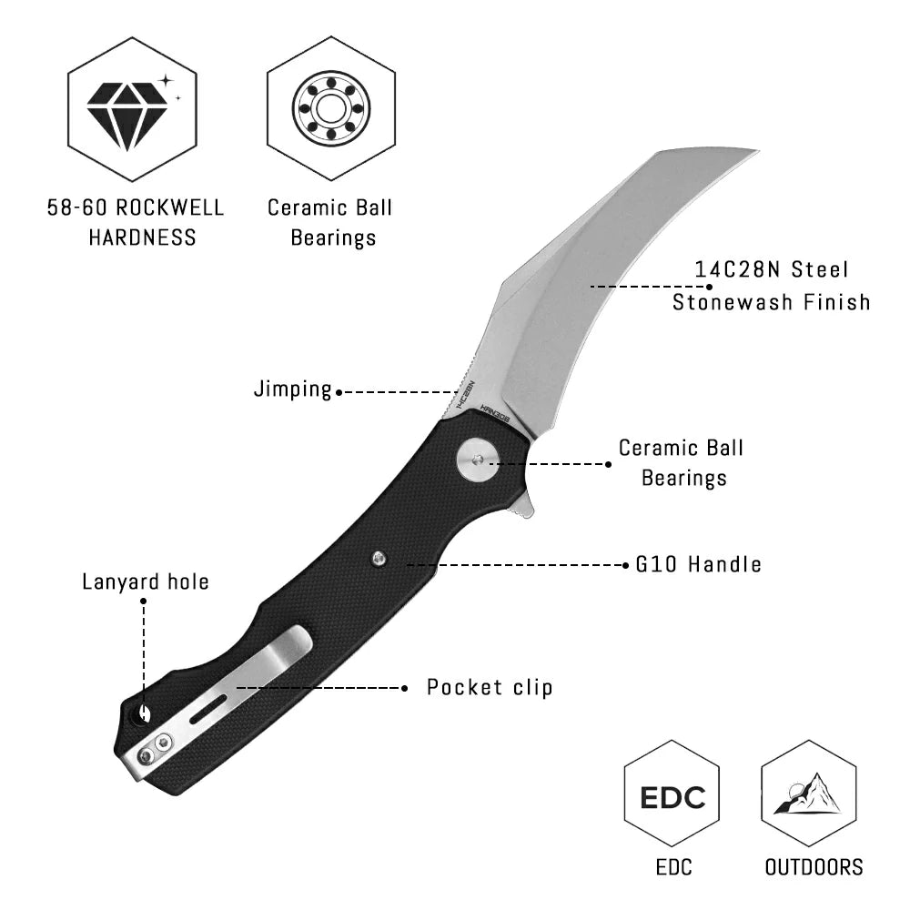 SHOOZIZ HAN308-BGST liner lock folder, 14C28N steel stonewashed, black G10, ceramic bearing, 4.53 inch closed