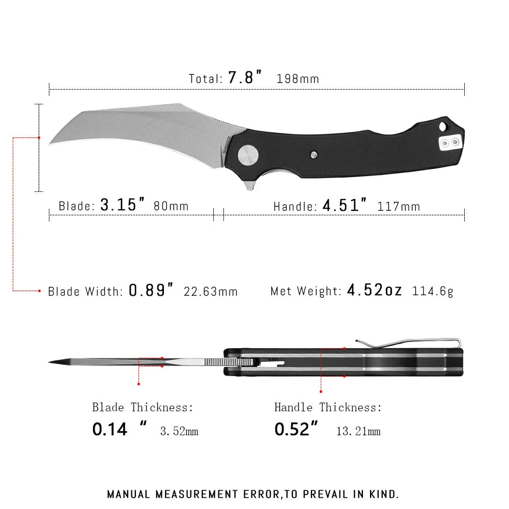 SHOOZIZ HAN308-BGST pocket knife, stonewashed 14C28N blade, black G10 handle, 7.72 inch overall, everyday carry