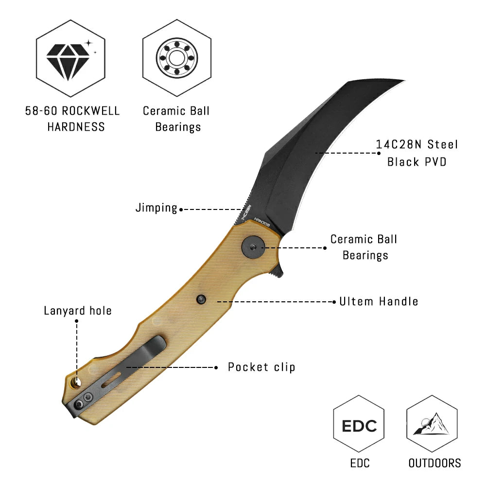 SHOOZIZ HAN308-JUB liner lock folder, 14C28N steel black PVD, Ultem, ceramic bearing, 4.53 inch closed