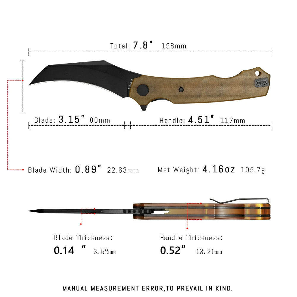 SHOOZIZ HAN308-JUB tactical pocket knife, black PVD 14C28N blade, Ultem handle, 7.72 inch overall, everyday carry