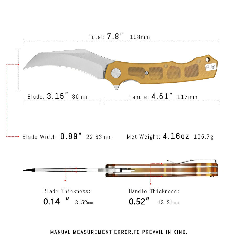 SHOOZIZ HAN308-JUS pocket knife, satin 14C28N blade, Ultem handle, 7.72 inch overall, EDC