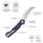 SHOOZIZ HAN308-PGS liner lock folder, 14C28N steel satin, purple G10, ceramic bearing, 4.53 inch closed