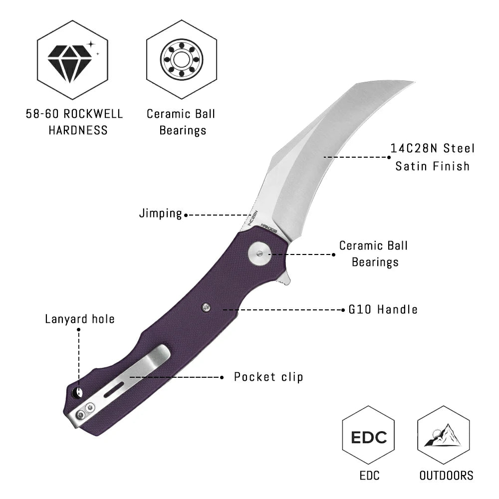 SHOOZIZ HAN308-PGS liner lock folder, 14C28N steel satin, purple G10, ceramic bearing, 4.53 inch closed