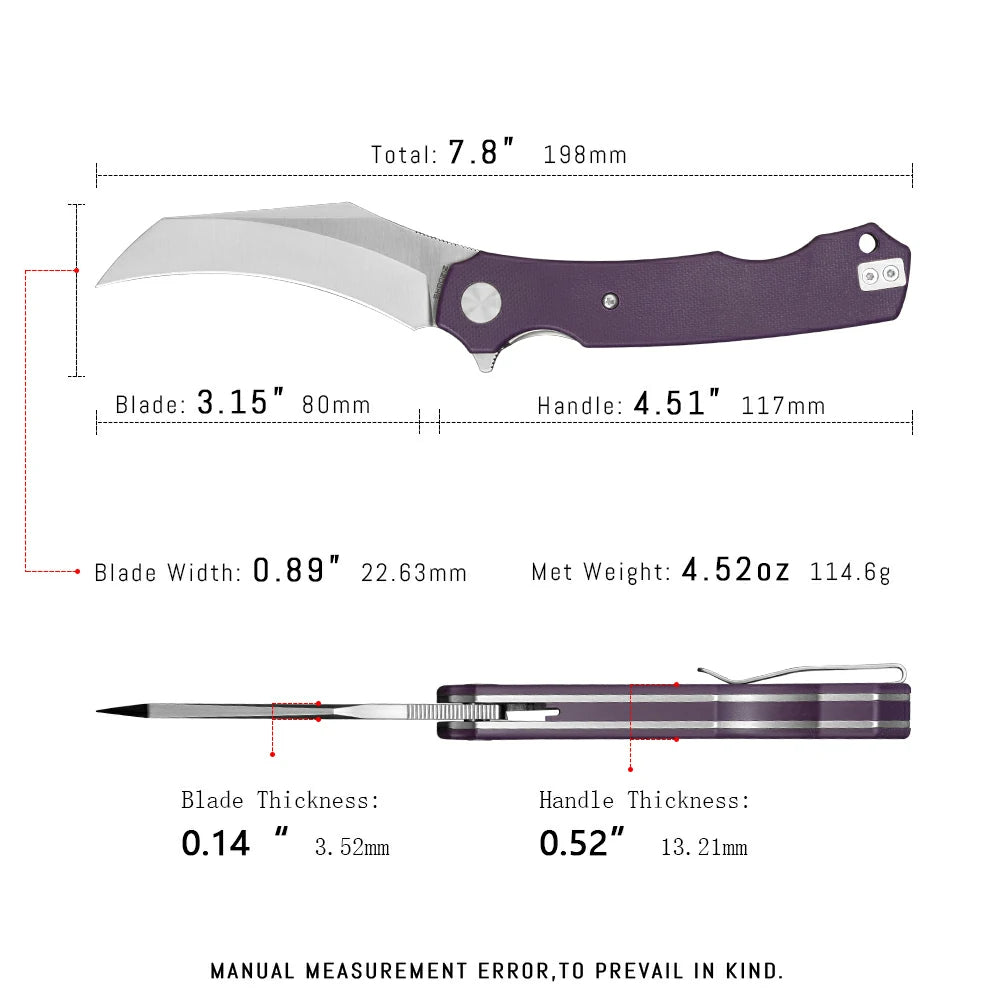 SHOOZIZ HAN308-PGS pocket knife, satin 14C28N blade, purple G10 handle, 7.72 inch overall, everyday carry