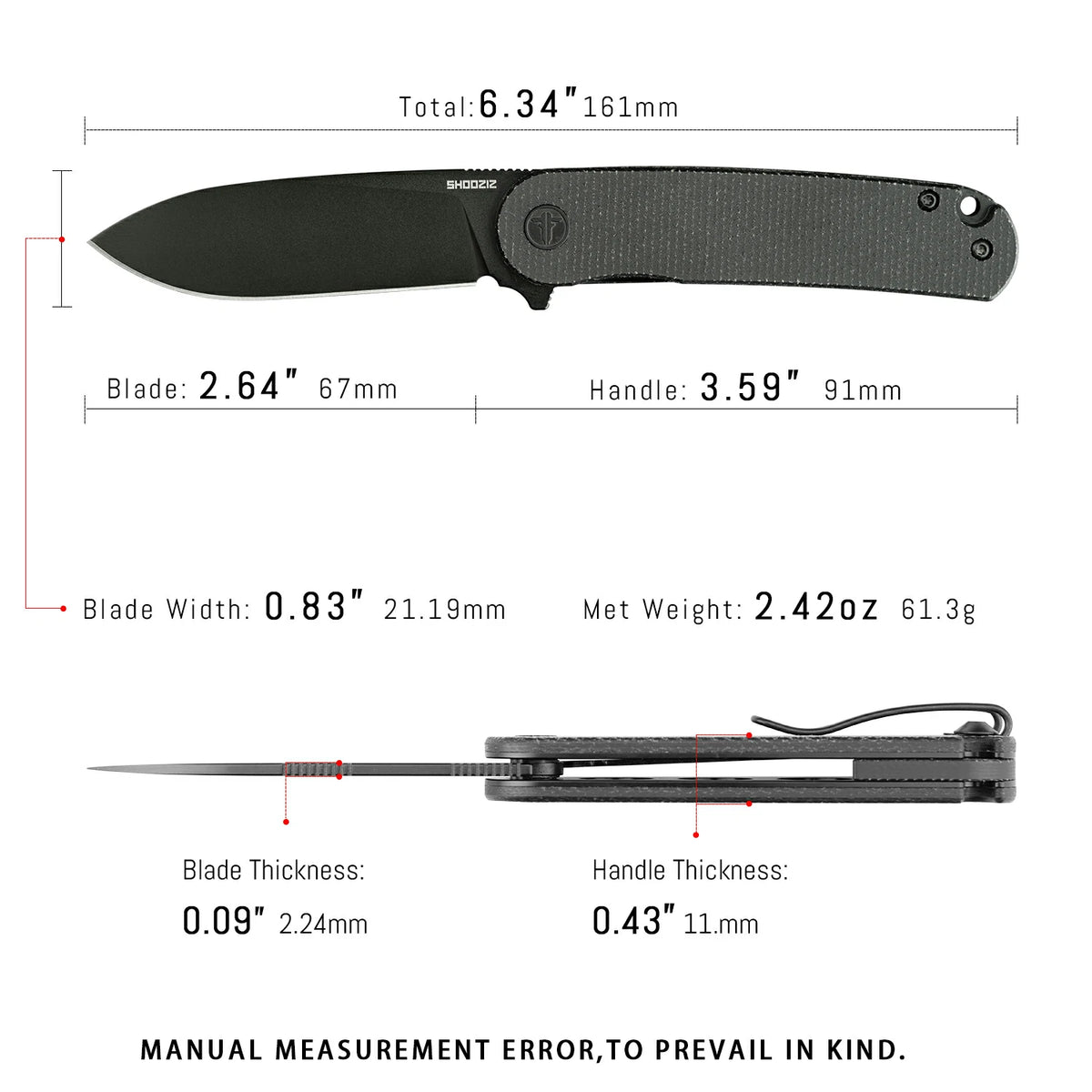 SHOOZIZ HAN309-BMB EDC Folding Knife | Black Micarta Handle Black