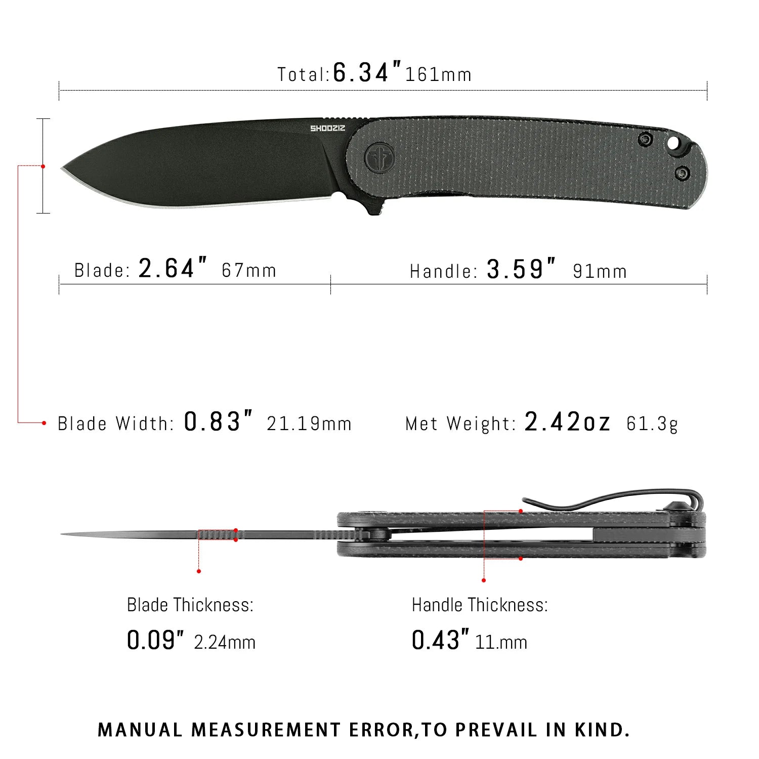 HAN309-BMB pocket knife dimensions, compact tactical size for everyday carry
