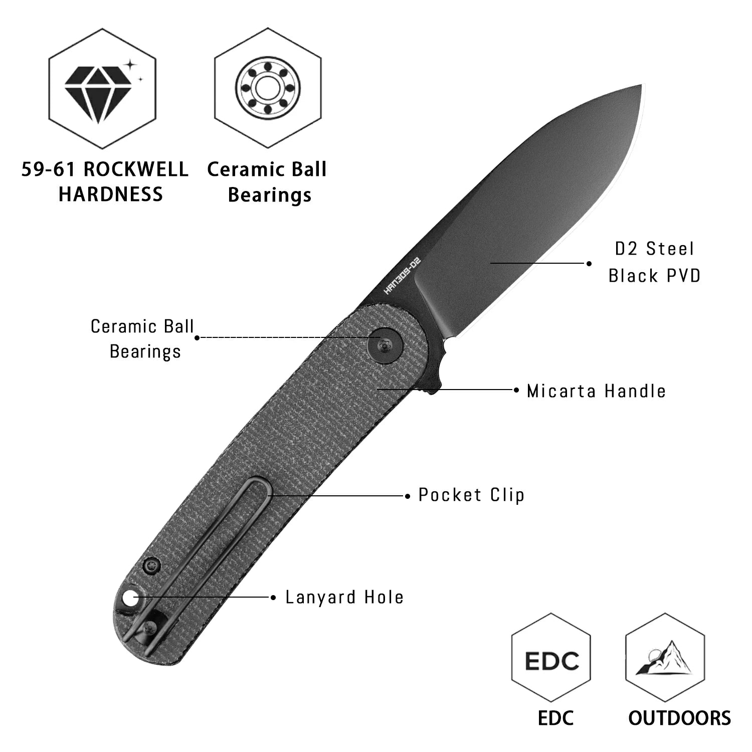  HAN309-BMB folding knife ceramic ball bearing system, ultra-smooth operation mechanism