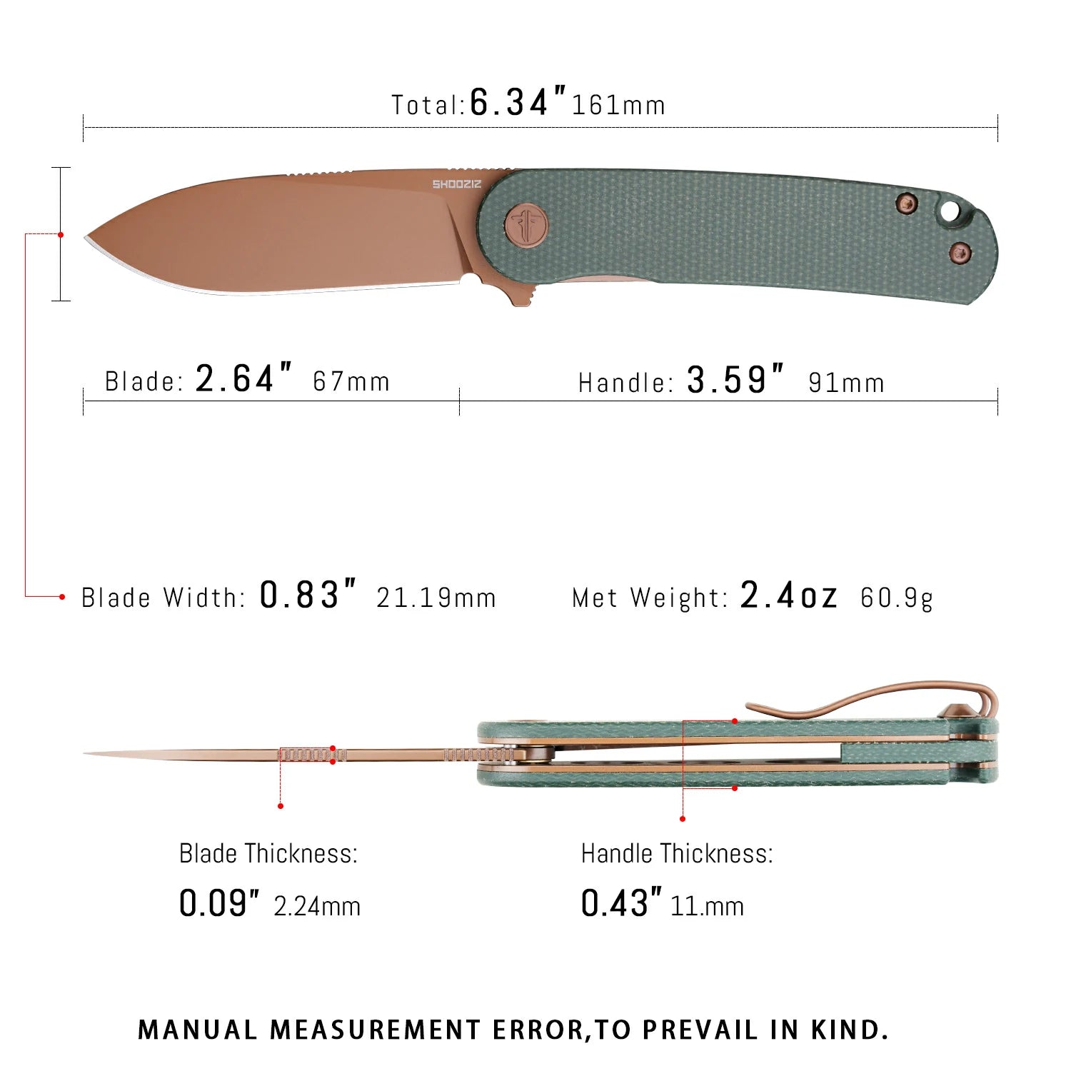 HAN309-GMRG rose gold PVD edition pocket knife dimensions, premium size for everyday carry