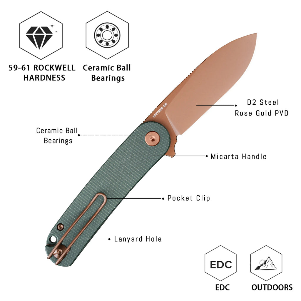 HAN309-GMRG rose gold PVD folding knife precision ceramic bearing system, smooth luxury operation