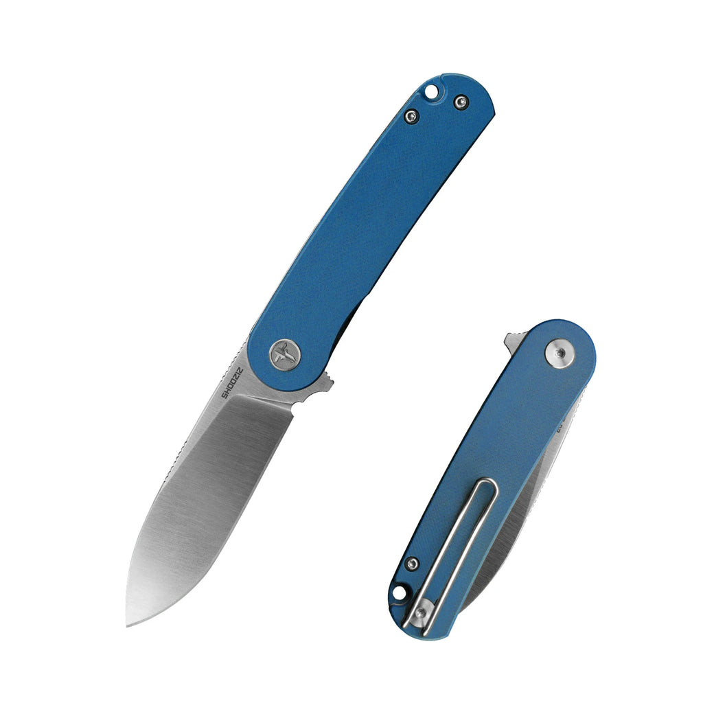 SHOOZIZ HAN309-LGS EDC folding knife with blue G10 handle and satin D2 steel blade, product front view