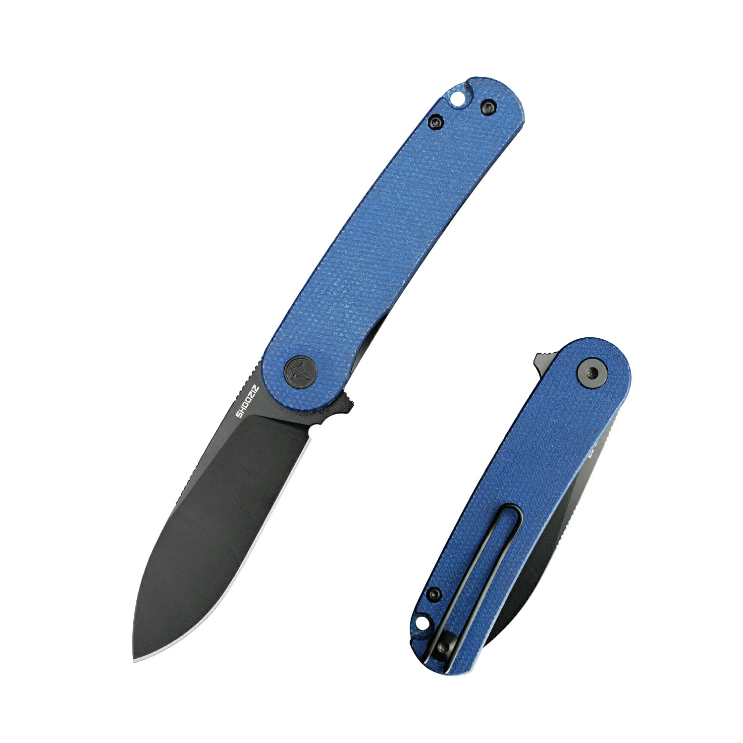 SHOOZIZ HAN309-LMB EDC folding knife with blue Micarta handle and black PVD D2 steel blade, complete product display