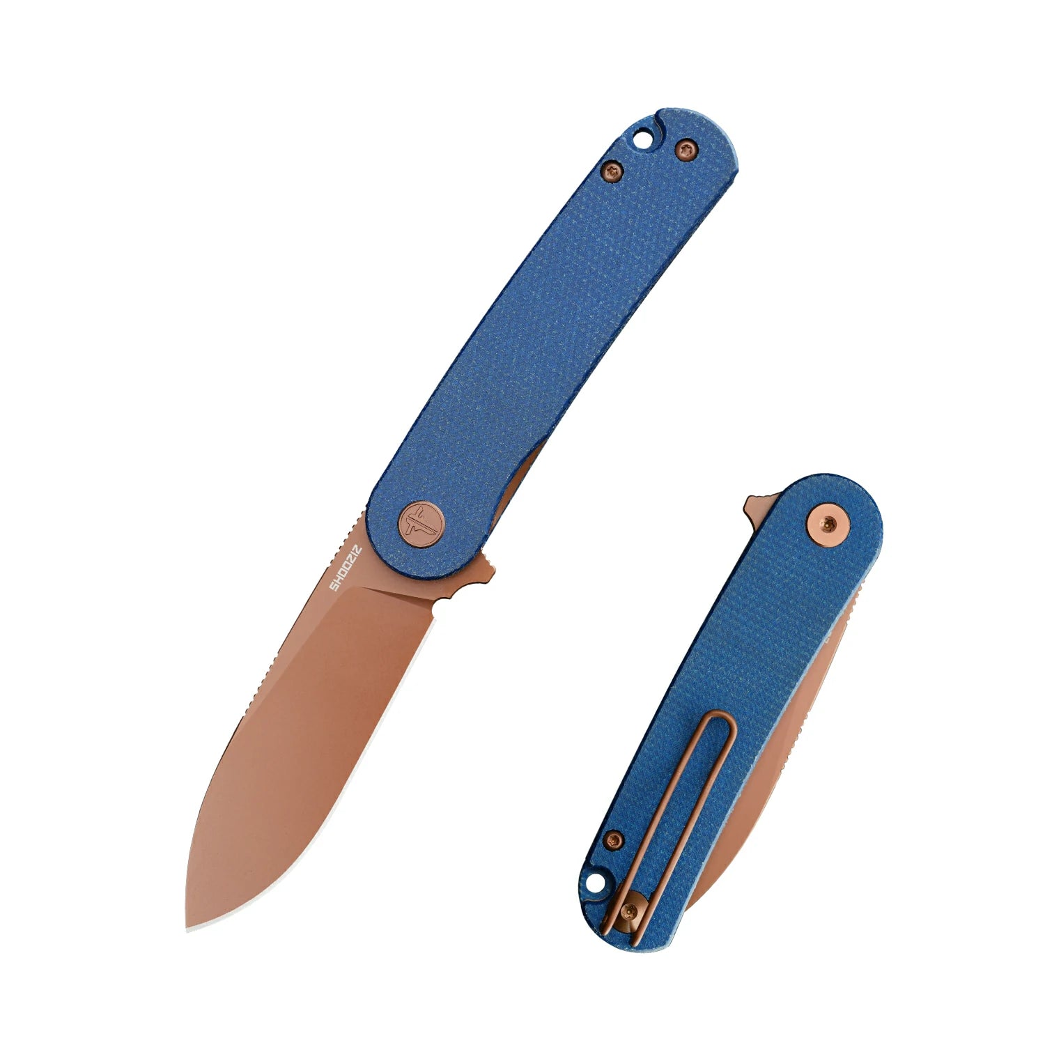 SHOOZIZ HAN309-LMRG exclusive EDC folding knife with blue Micarta handle and first-ever Rose gold PVD coated D2 steel blade, main product view