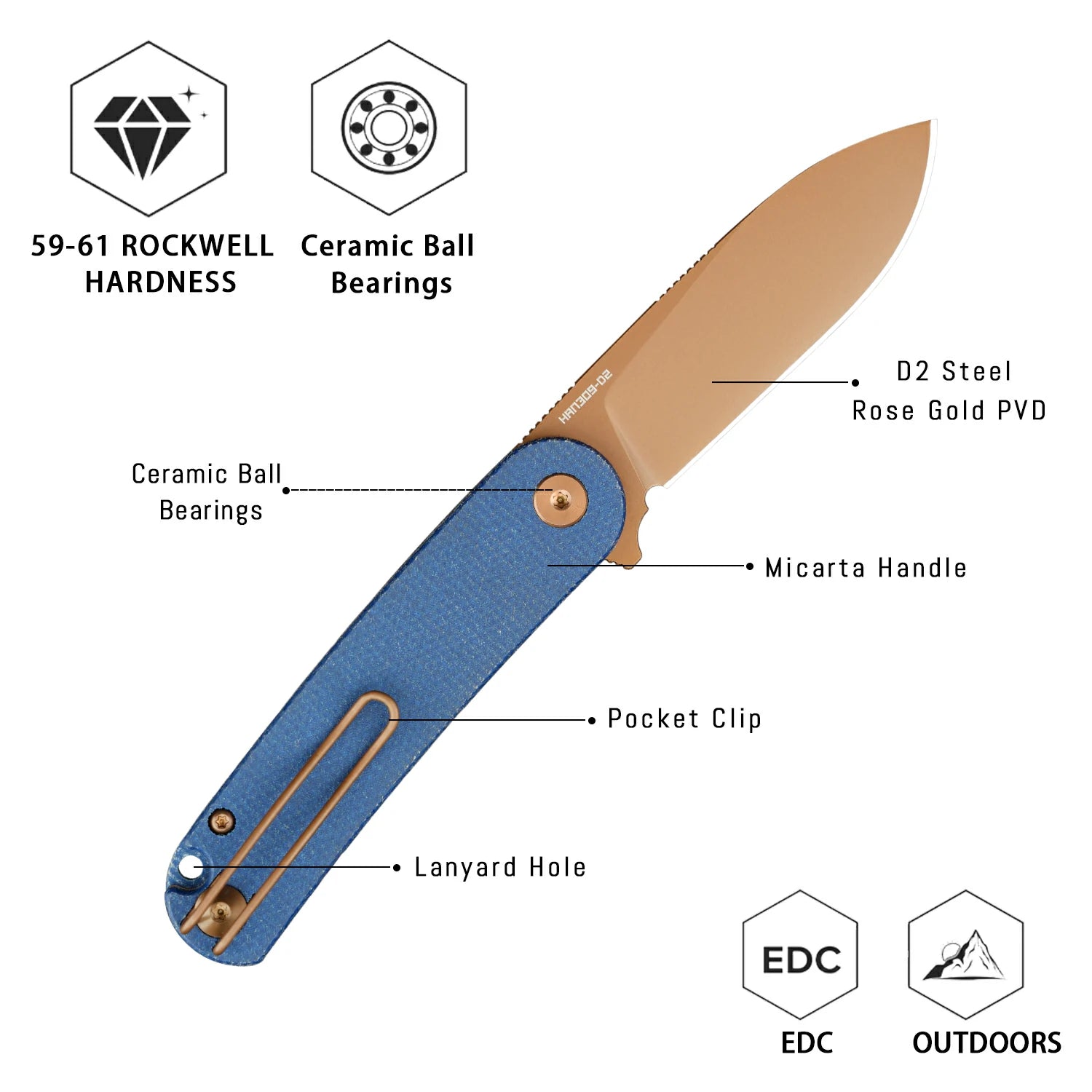 HAN309-LMRG rose gold PVD folding knife precision mechanism, ceramic bearing system detail