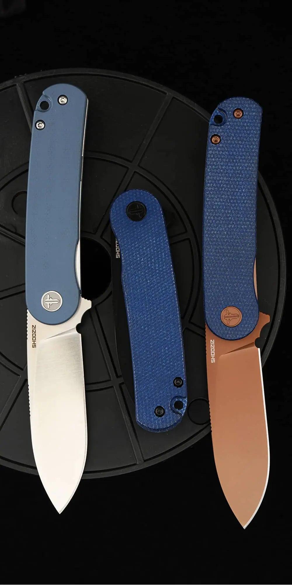 Mobile banner featuring several SHOOZIZ HAN309 series EDC knives, highlighting new Rose Gold PVD and black PVD blade finishes with Micarta and G10 handles. Versatile everyday carry folding knives.