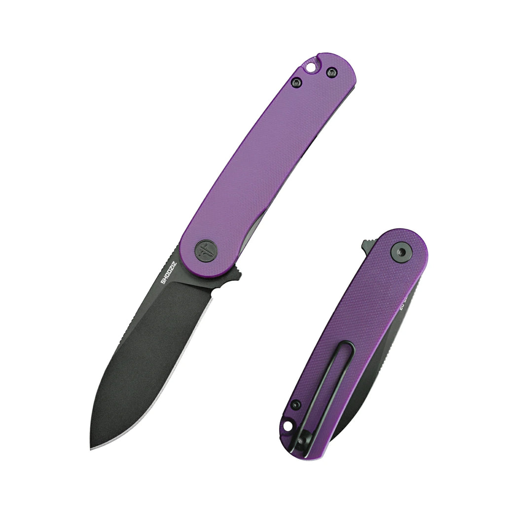 SHOOZIZ HAN309-PGB EDC folding knife with purple G10 handle and black PVD D2 steel blade, complete product view