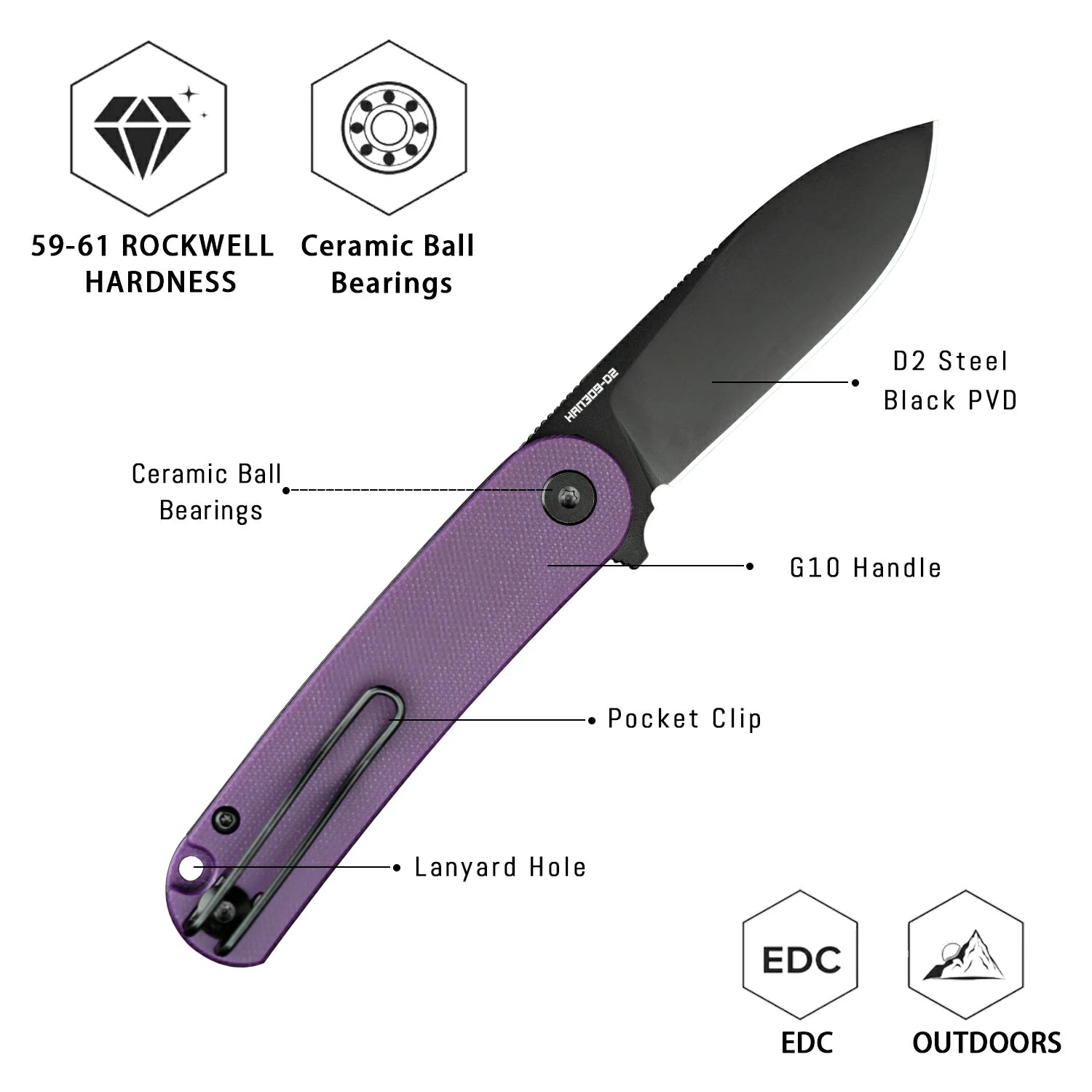 HAN309-PGB folding knife ceramic bearing system, ultra-smooth operation mechanism