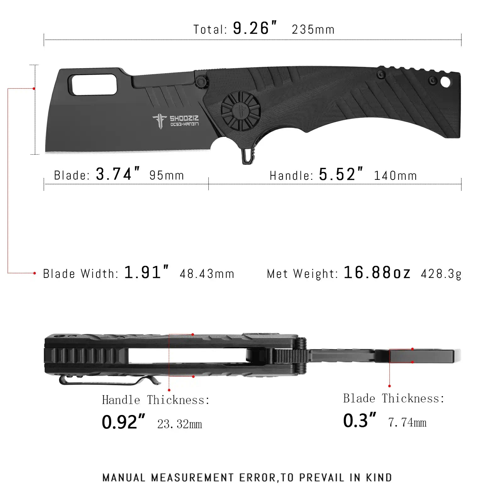 SHOOZIZ HAN317-BGB tactical pocket knife, black PVD DC53 blade, black G10 scales, all-black everyday carry