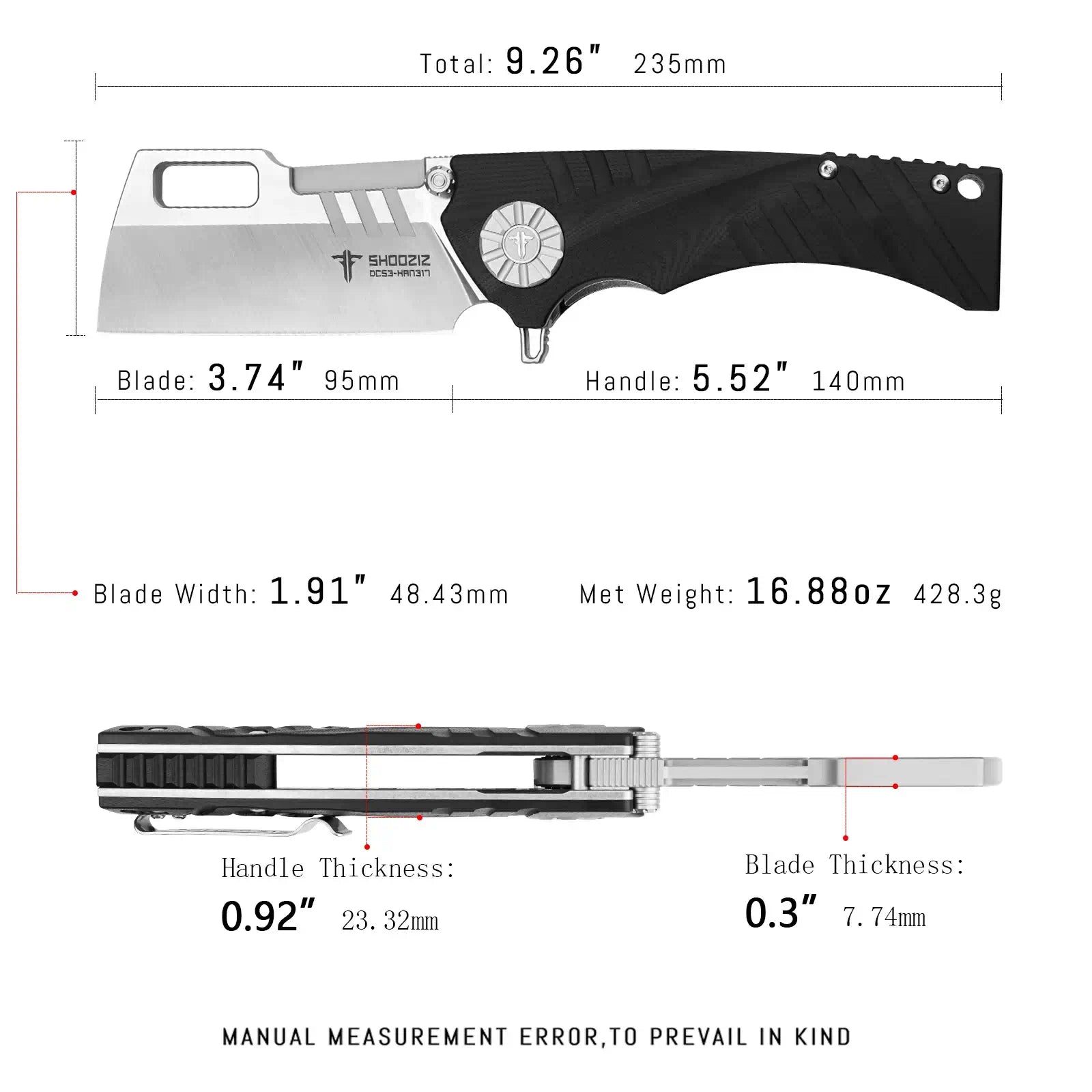 SHOOZIZ HAN317-BGS liner lock folder, DC53 steel with satin finish, black G10 handle, ceramic bearing