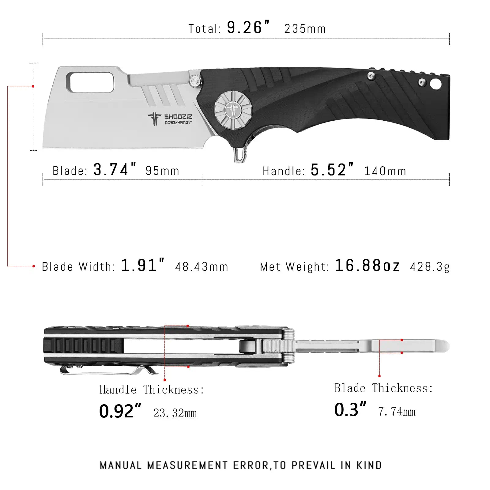 SHOOZIZ HAN317-BGST black G10 handle folding knife, DC53 steel with stonewashed finish, liner lock, everyday carry