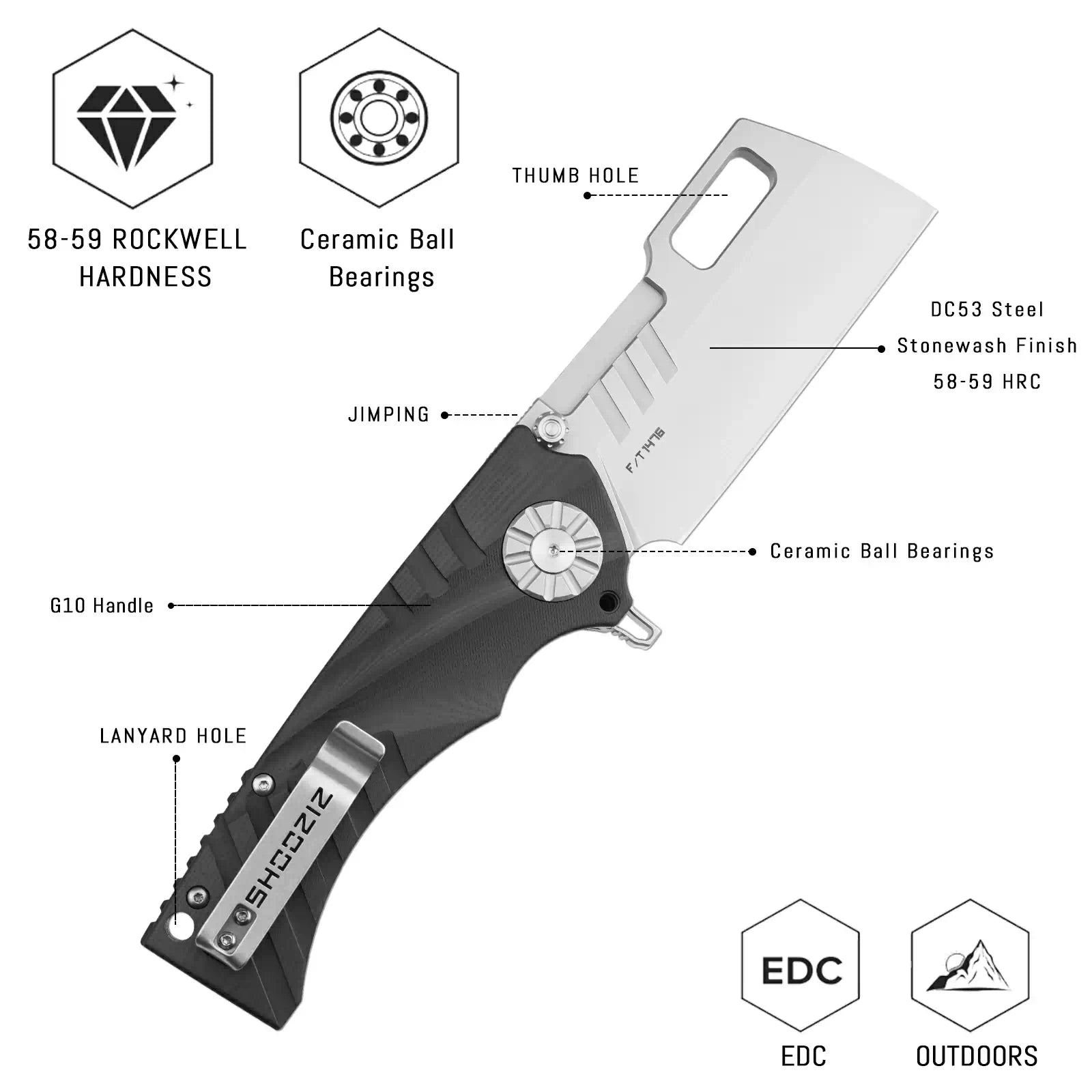 SHOOZIZ HAN317-BGST everyday carry knife, black G10 handle, stonewashed DC53 blade, pocket clip