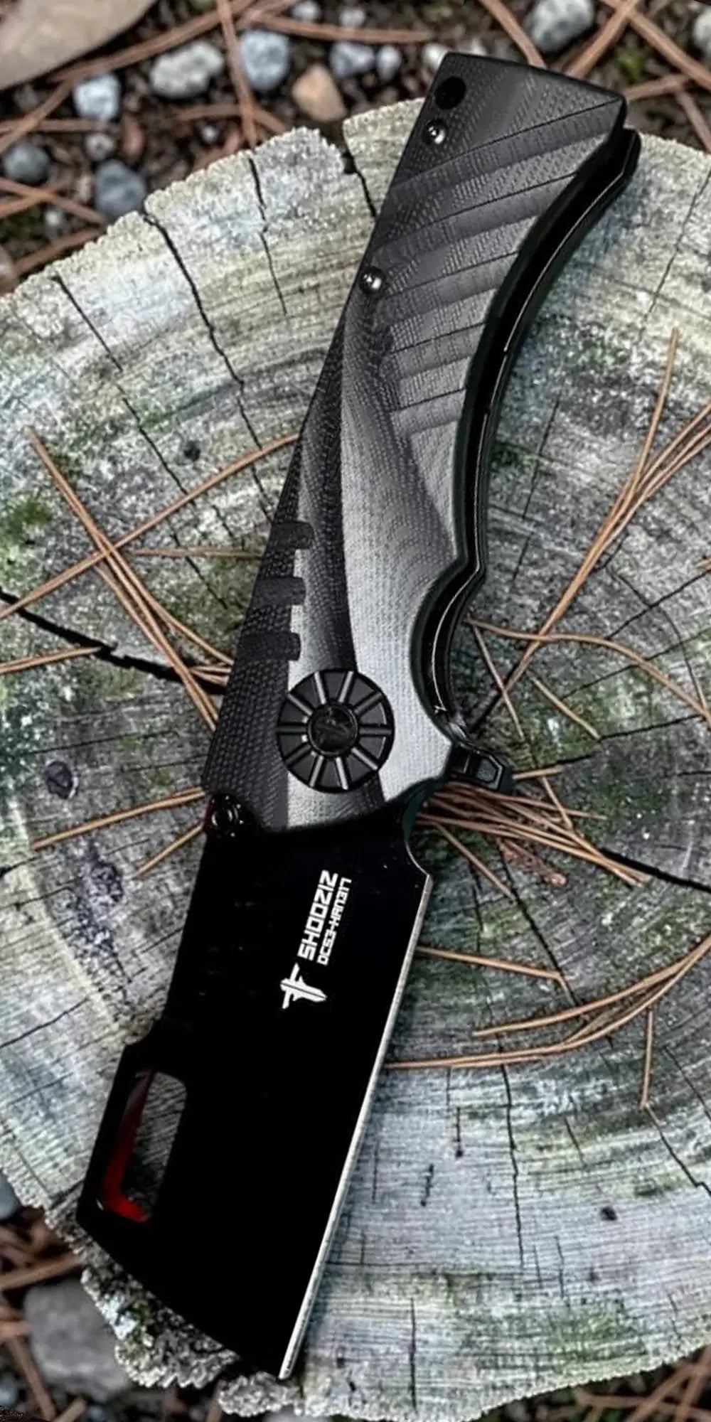 Mobile banner displaying various SHOOZIZ HAN317 EDC knives with upgraded G10 handles. Robust DC53 blades and ergonomic design for daily tasks.