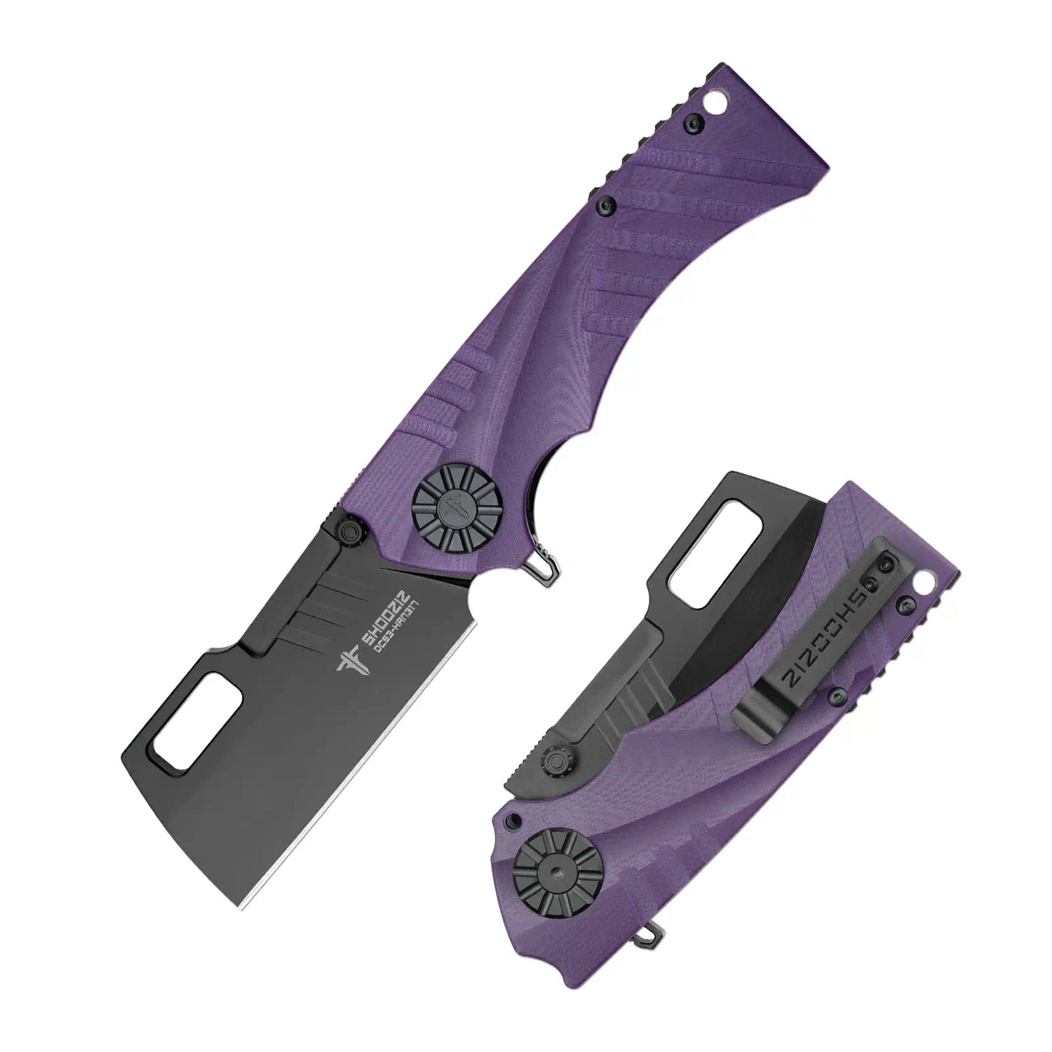 SHOOZIZ HAN317-PGB EDC folding knife, DC53 steel blade with black PVD finish, purple G10 handle, liner lock