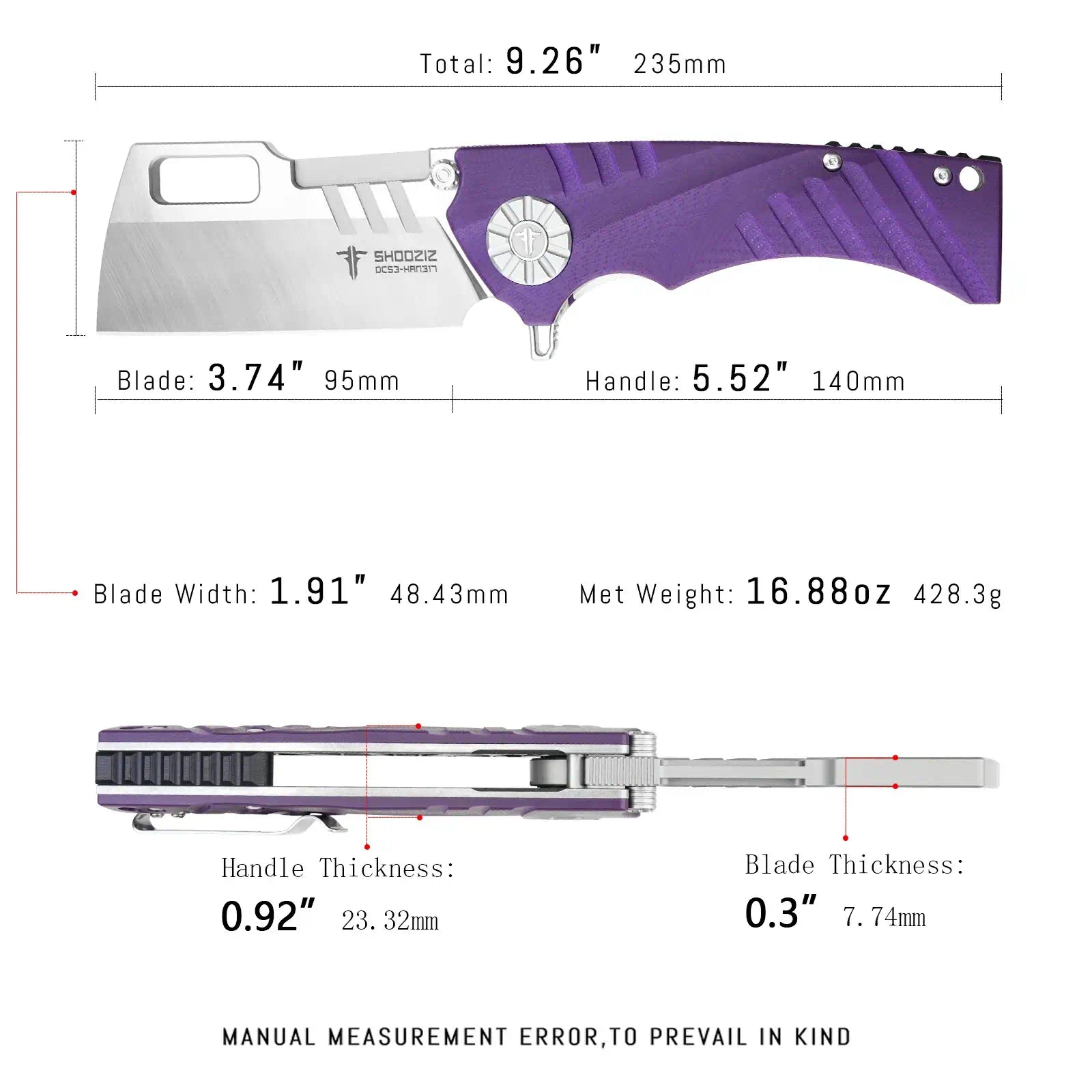 SHOOZIZ HAN317-PGS DC53 steel blade folding knife, satin finish, purple G10 handle, liner lock, EDC pocket knife