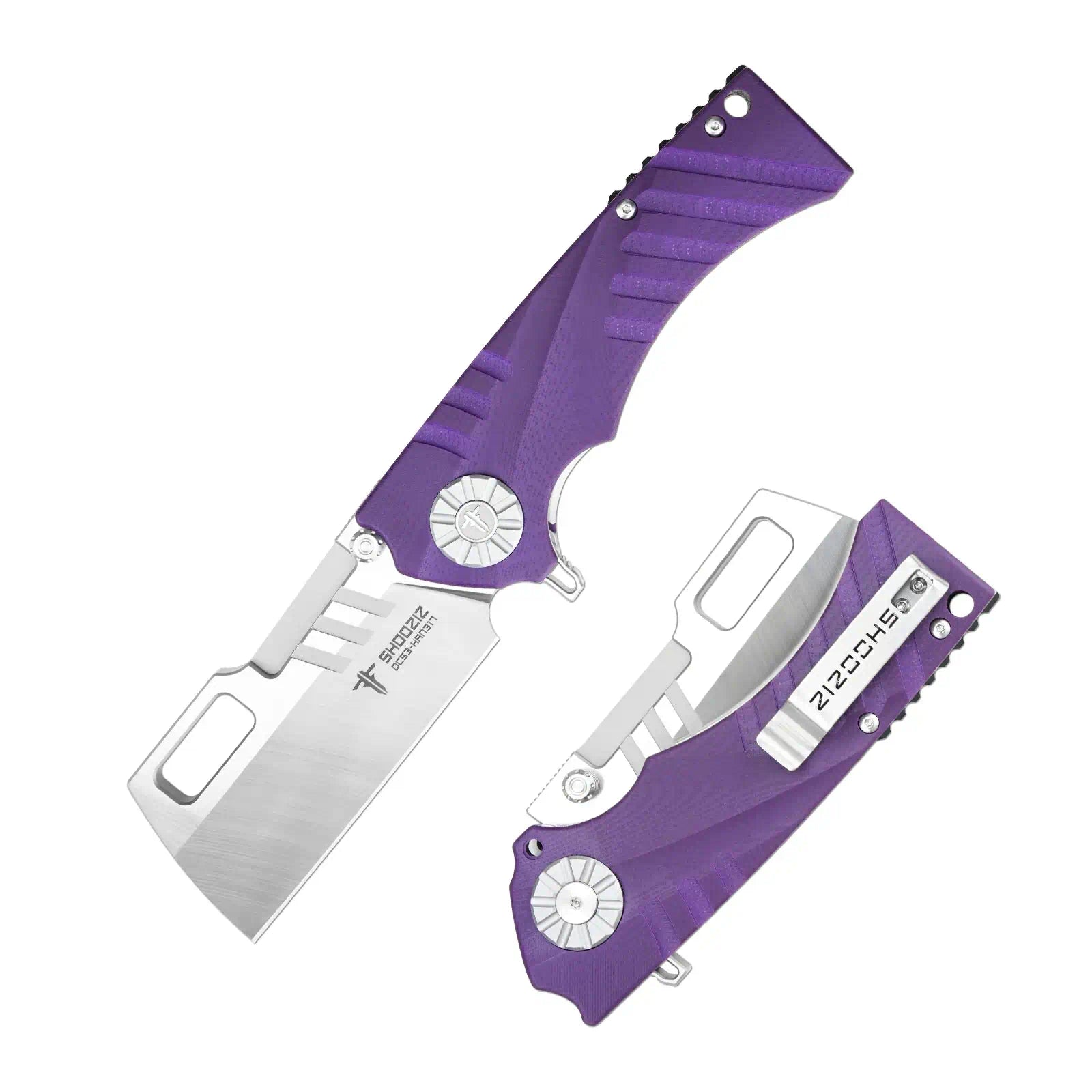 SHOOZIZ HAN317-PGS pocket knife, satin DC53 blade, purple G10 handle, everyday carry