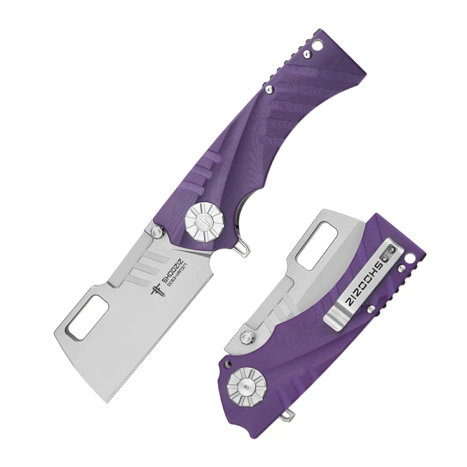 SHOOZIZ HAN317-PGST everyday carry knife, purple G10 handle, stonewashed DC53 blade, pocket clip