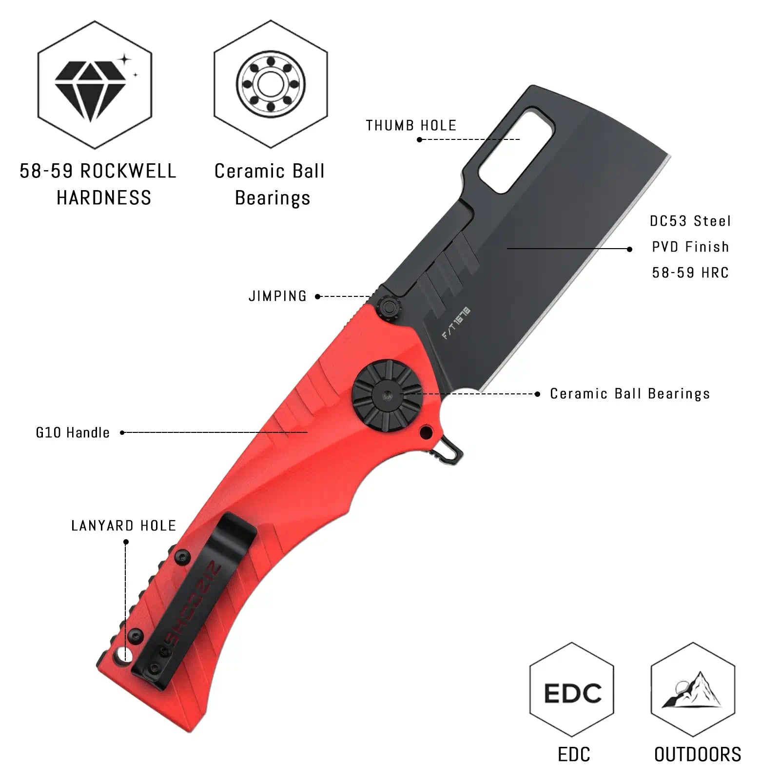 SHOOZIZ HAN317-RGB liner lock folder, DC53 steel with black PVD coating, red G10 handle, ceramic bearing