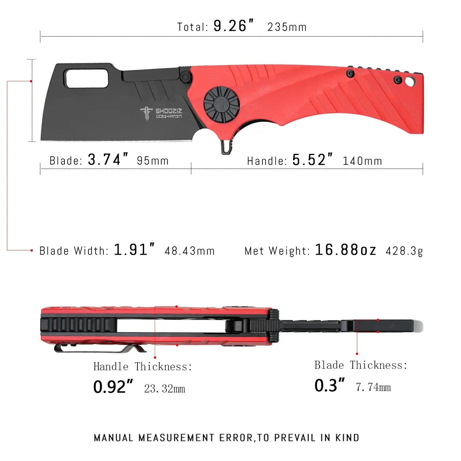 SHOOZIZ HAN317-RGB tactical pocket knife, black PVD DC53 blade, red G10 scales, everyday carry