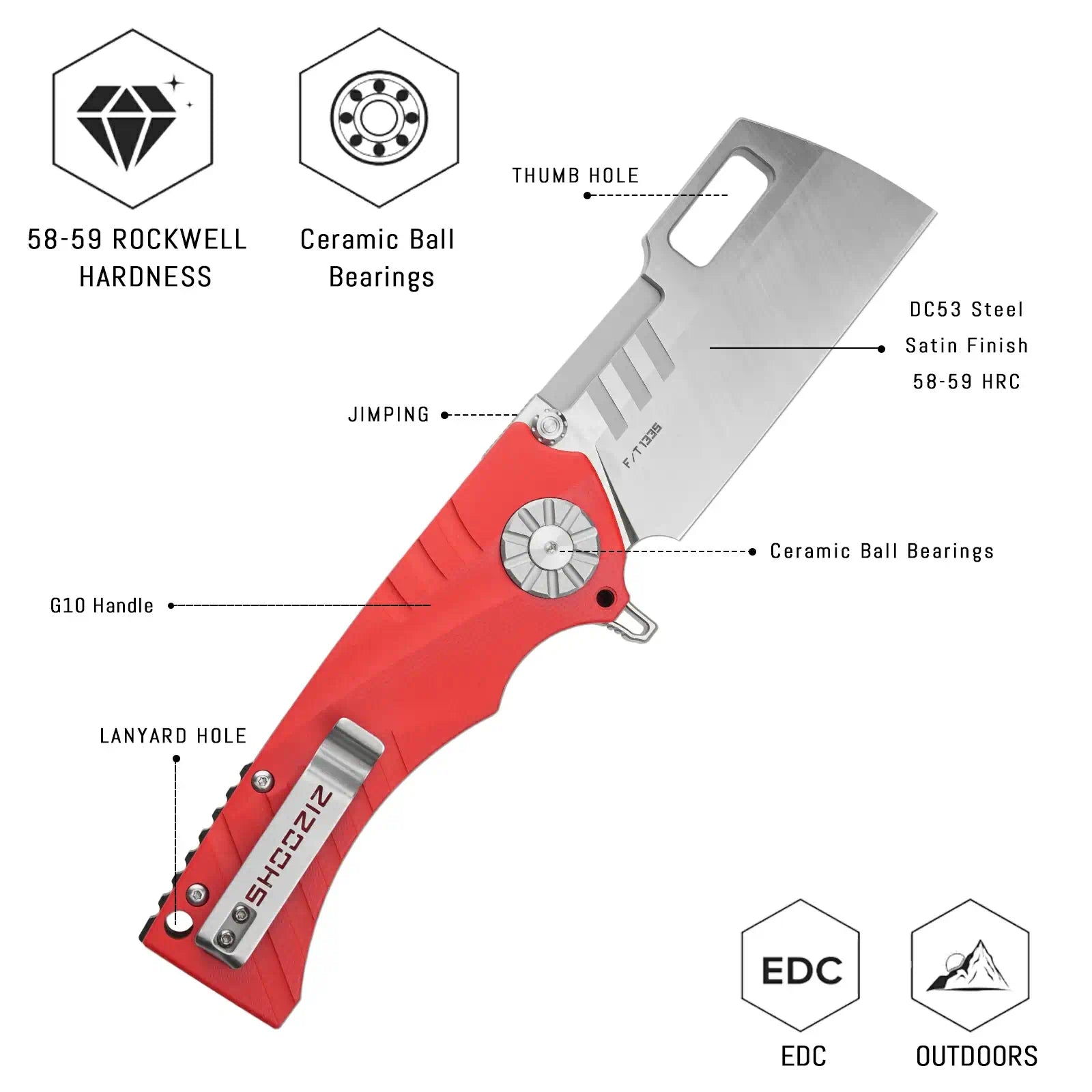 SHOOZIZ HAN317-RGS compact EDC folder, DC53 steel blade, satin, red G10 handle, pocket clip