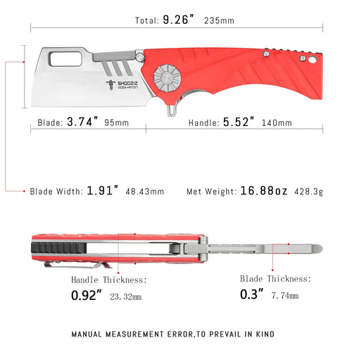 SHOOZIZ HAN317-RGST DC53 steel blade folding knife, stonewashed finish, red G10 handle, liner lock, EDC pocket knife