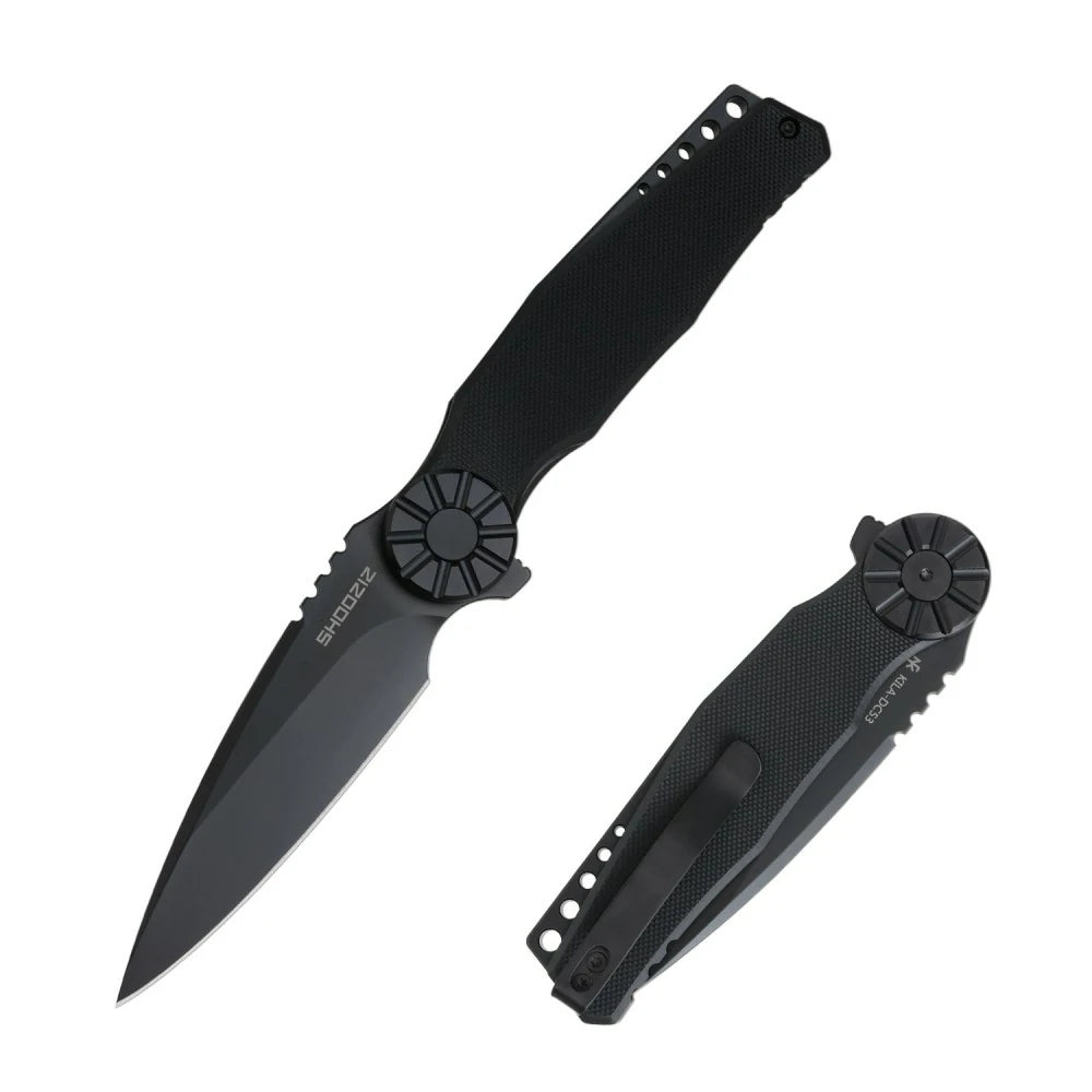 SHOOZIZ KILA-BGB EDC folding knife, NFK design, DC53 steel blade with black PVD finish, black G10 handle, black aluminum bolster, liner lock, all-black tactical look