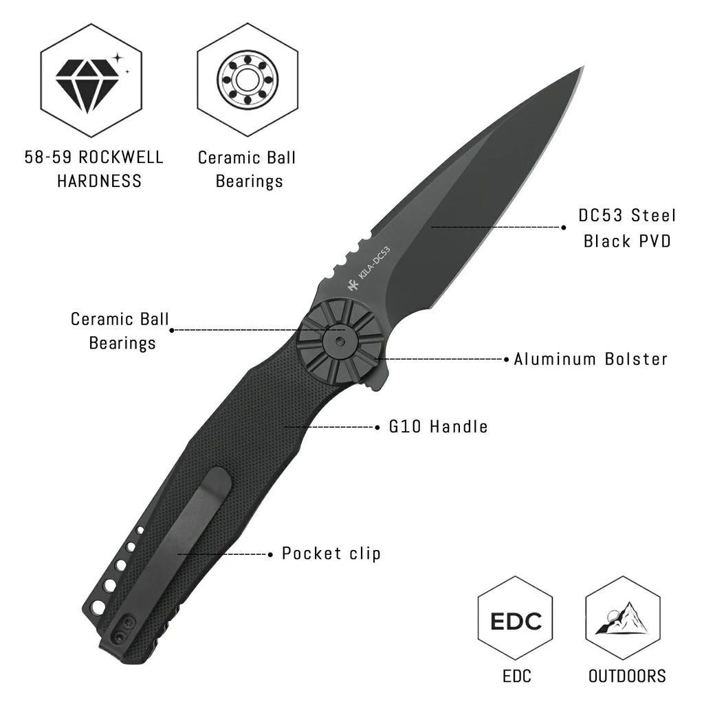 SHOOZIZ KILA-BGB liner lock folder, DC53 steel black PVD, black G10, ceramic bearing, 4.65 inch closed